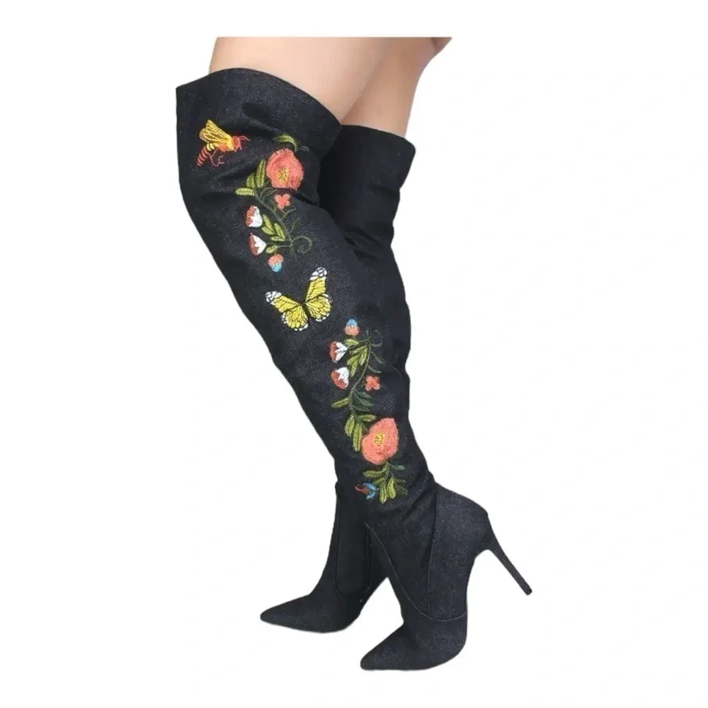 Vintage Denim Over the Knee Slouchy Boot Embroidered Butterflies Point Toe Size7